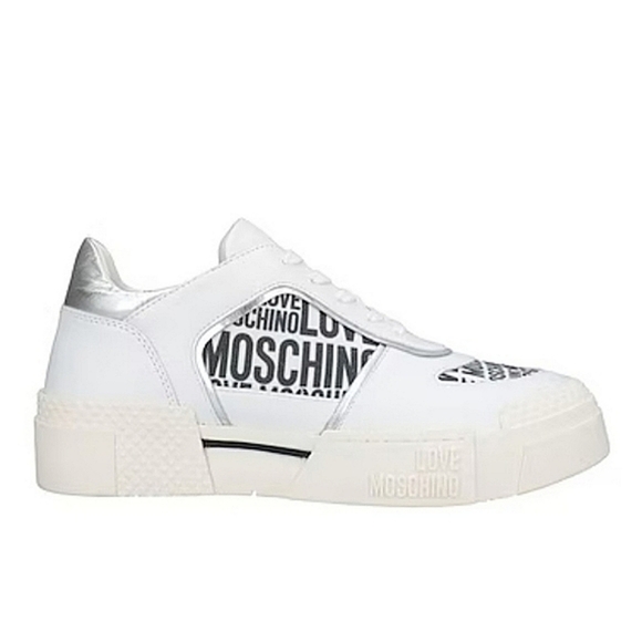LOVE MOSCHINO Women's White Leather Low Top Trainers Sneakers Logo Fabric Sz 40 - Picture 1 of 16